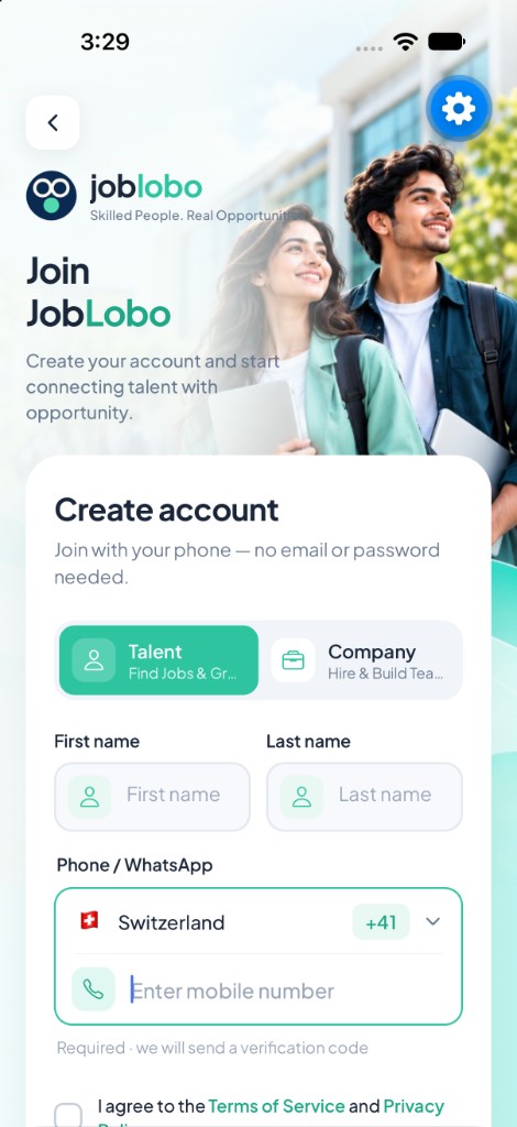 JobLobo create account screen with Talent and Company choices, name fields, and a phone number field.